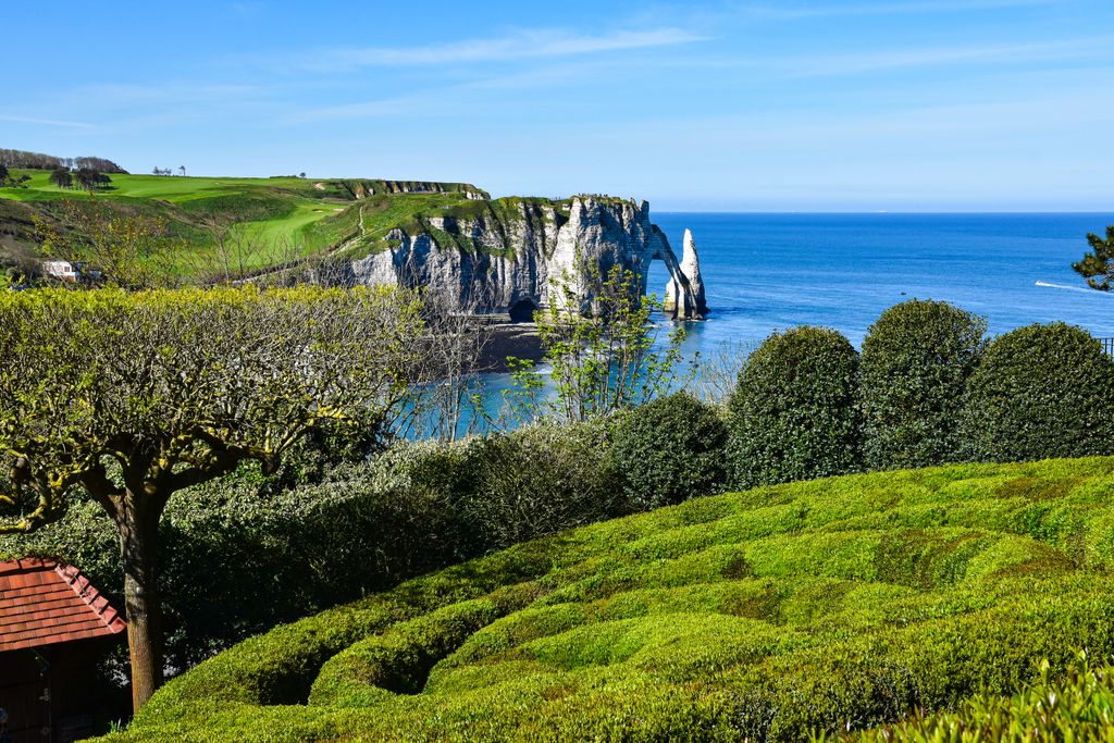 Beautiful landscape of Etretat cliffs, greenery, and blue sea under a clear summer sky in Normandy, France.